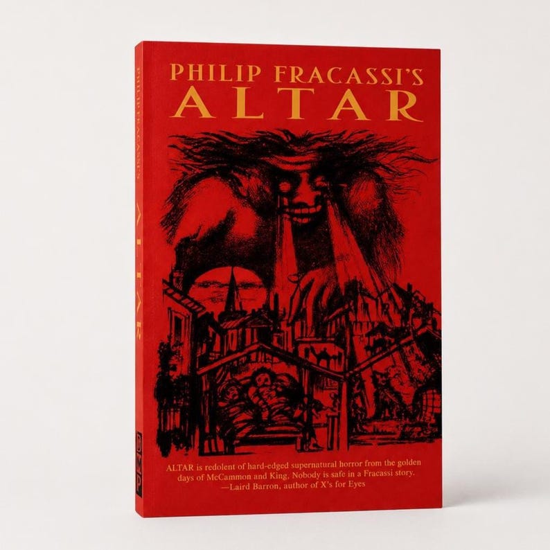 May include: A hardcover book titled "ALTAR" by Philip Fracassi. The cover is red with black illustrations of a monstrous figure and a cityscape. The book's title is in gold lettering.