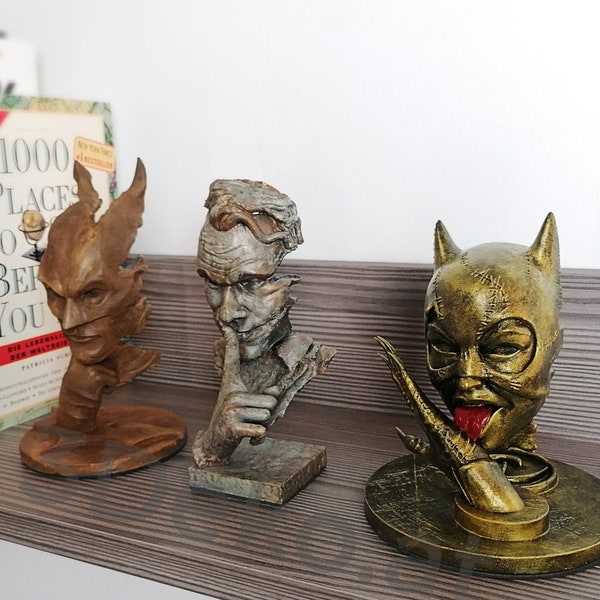 Gotham Trinity: Limitierte 15 cm Statuen - Batman mit Rost, Joker mit Patina, Catwoman vergoldet. Fan-Art