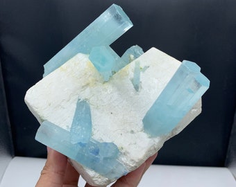 Lustrous Aquamarine Crystals Attached With Feldspar | Natural Aquamarine Specimen