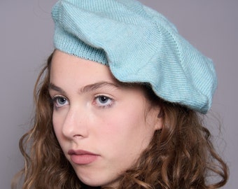 Mint green sustainable hand knit beret, tam, hat in British wool