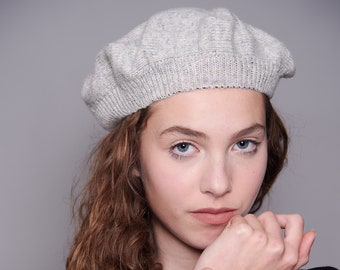 Pebble grey sustainable hand knit beret, tam, hat in British wool