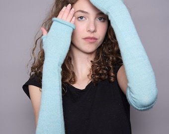 Mint green hand made sustainable (extra-long) fingerless gloves in British wool
