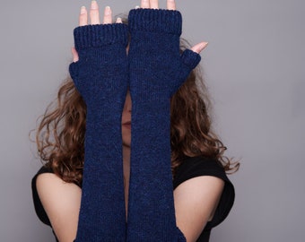 Dark Blue hand made sustainable extra-long fingerless gloves in British wool