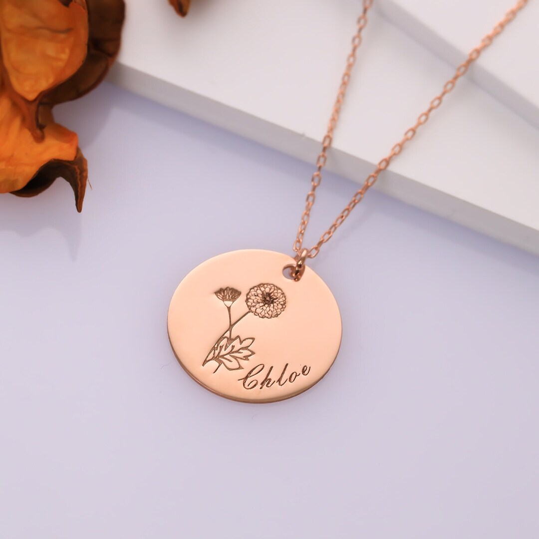 Custom Birth Flower Name Necklace, Personalized Name Necklace, Birth