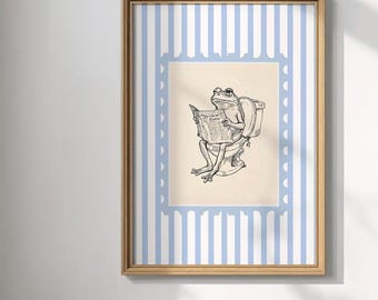 Vintage Funny Frog Toilet Print: Humorous Bathroom Art, Blue Striped (Digital Download)