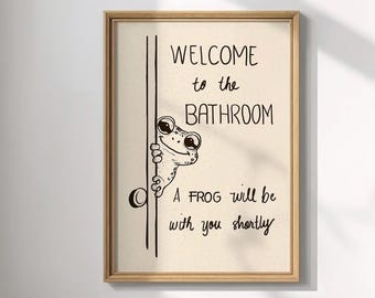Funny Frog Bathroom Wall Art, Welcome to the Bathroom Sign, Peeking Frog Print, Quirky Restroom Decor, Digital Download