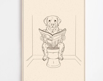 Vintage Funny Labrador Retriever in Toilet Print: Humorous Bathroom Art, Hand-drawn Digitally Dog Art (Digital Download)