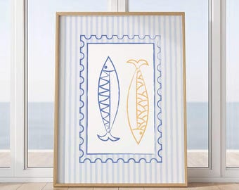 Minimalist Sardines Print in a Blue Striped Background, Coastal Kitchen Wall Art (Digital Download)