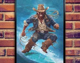 Surfing Cowboy Art Print: Western Coastal Wall Decor (Digital Download)
