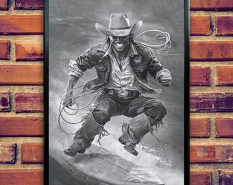 Surfing Cowboy Art Print: Western Coastal Decor (Digital Download)