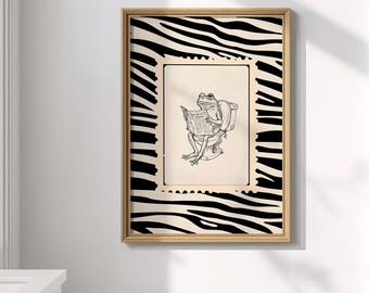 Vintage Funny Frog Zebra Striped Toilet Print: Humorous Bathroom Art (Digital Download)