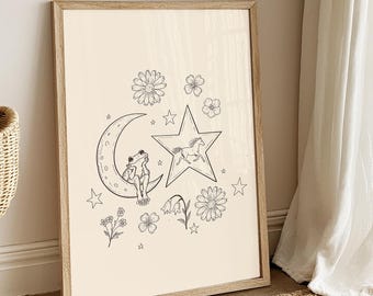 Vintage Frog Moon Horse Star Wall Art, Whimsical Celestial Wildflower Print, Hand Drawn Botanical Animal Illustration, Cottagecore Decor