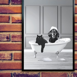 Adorable Black Cat and Dachshund Dog in Bathtub Printable Wall Art | Funny Toilet Art Print | Funny Bathroom Decor | Funny Animal Print