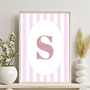 Custom Pink Chinoiserie Initial Wall Art, Personalized Printable with Pink Striped for Girls Bedroom or Dorm, Elegant Nursery or Gift Decor