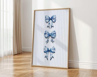 Estampado de lazo chinoiserie en acuarela: Arte mural a rayas azules (descarga digital)