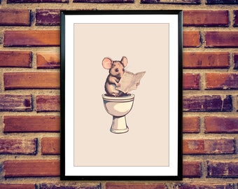 Funny Mouse Toilet Print: Vintage Bathroom Newspaper Art (Digital Download)