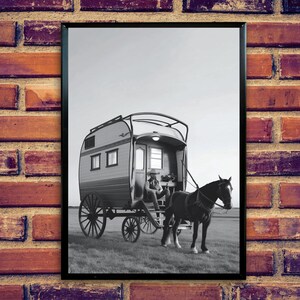 Vintage cowboy-caravankunst: print western paard en wagen (digitale download)