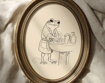 Vintage Funny Frog Washing Hands Toilet Print: Humorous Bathroom Art, Hand-drawn Frog Art (Digital Download)