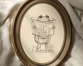 Vintage Funny Frog Toilet Print: Humorous Bathroom Art, Hand-Drawn Digital Frog Illustration (Digital Download)