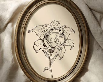 Hand-Drawn Digital Frog and Lily Illustration, Vintage Funny Frog Toilet Print: Humorous Bathroom Art (Digital Download)