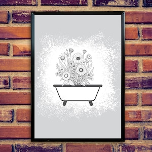 Arte minimalista de flores silvestres em parede de banheira | Arte de parede com flores | Impressão floral para banheira | Impressão de arte para banheiro | Decoração vintage para banheiro