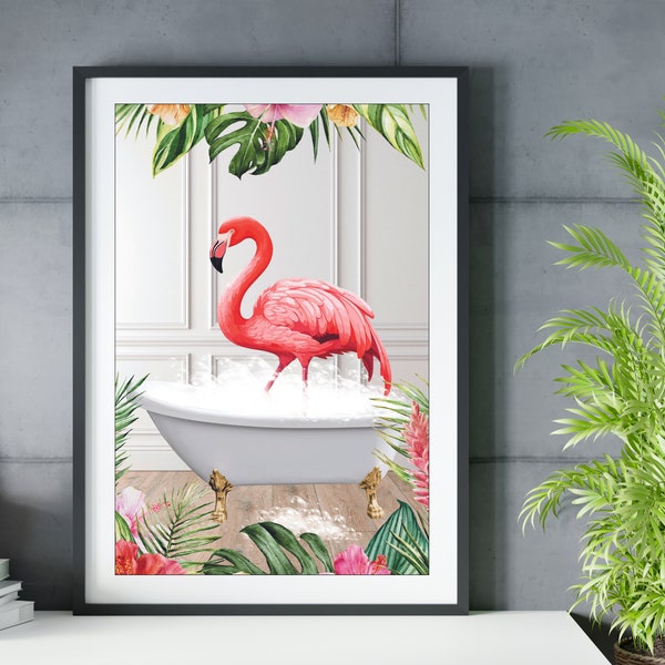 Adorable Flamingo in Tub Printable Wall Art | Flamingo in Bathtub | Flamingo Art | Bathroom Art Print | Bathtub Wall Art | Digital Download