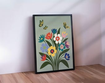 Saliegroene bloemenprint: poster met moderne bloemen uit het midden van de eeuw (digitale download)