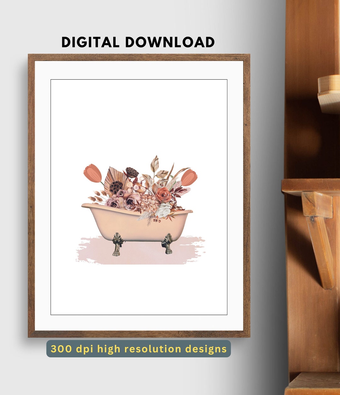 Vintage Floral Bathtub Wall Art | Flower Wall Art | Floral Bathtub ...