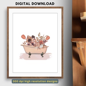 Vintage bloemenbad muurkunst | Bloemenkunst aan de muur | Bloemenbadkuipprint | Badkamerkunstafdruk | Vintage badkamerdecoratie | Digitale download