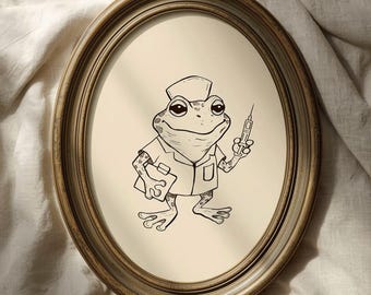 Vintage Funny Nurse Frog Wall Art, Medical Office Decor, Funny Nursing Gift, Frog Lover Gift, Line Drawing Art, Digital Download