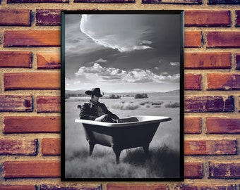 Cowboy in Bathtub Art Print: Quirky Western Decor (Digital Download)