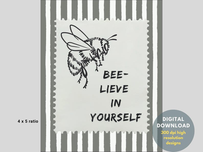Bee-lieve in Yourself Wall Art, Black and White Bumblebee Sketch, Funny ...