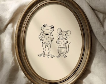 Vintage Frog and Mouse Holding Toilet Paper Print: Humorous Bathroom Art, Guest Bath Gift, Hand-Drawn Frog and Mouse Art (Digital Download)