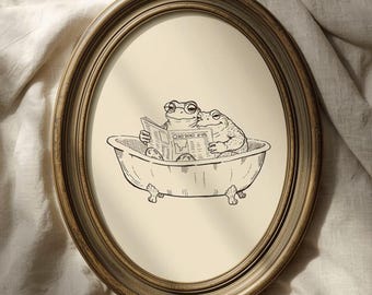 Hand-Drawn Vintage Funny and Sweet Frog and Toad in Bathtub Wall Art: Humorous Bathroom Art (Digital Download)