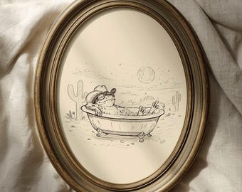 Hand-Drawn Vintage Funny Cowboy Frog Sleeping in Bathtub Under the Moon Wall Art: Humorous Bathroom Art (Digital Download)