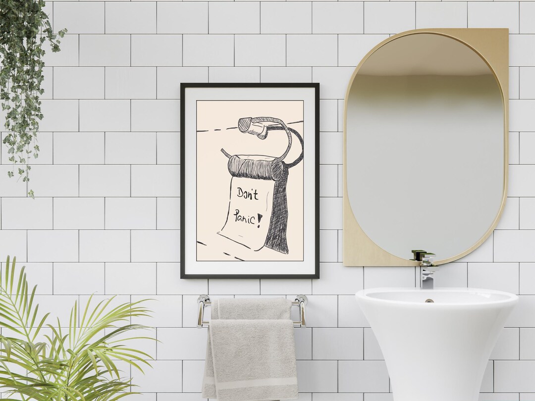 Funny Toilet Paper Wall Art “don’t Panic” | Hand-drawn Bathroom Humor ...