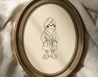 Vintage Frog Bathroom Wall Art, Funny Frog Towel Print, Quirky Animal Line Drawing, Cottagecore Bathroom Decor, Humorous Bathroom Art