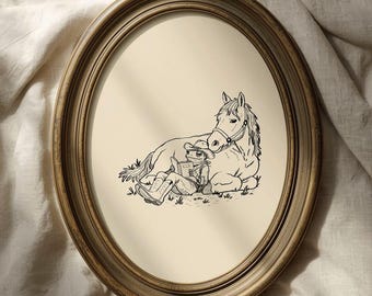 Vintage Funny Cowboy Frog Reading a Book Next to a Horse Wall Print, Vintage Reading Nook Wall Art, Hand-Drawn Frog & Horse Art