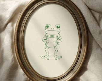 Hand-Drawn Retro Frog Holding Toilet Paper Print: Humorous Bathroom Art, Sage Green (Digital Download)