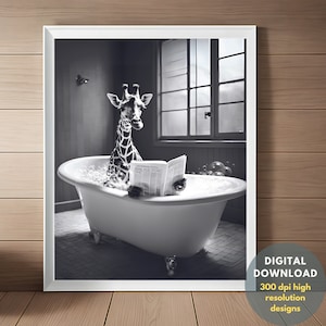 Cute Giraffe in Bathtub Reading Newspaper Printable Wall Art | Bathtub Wall Art | Giraffe Art | Bathroom Art Print | Funny Poster