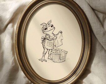 Funny Frog Doing Laundry Wall Art, Vintage Frog Print, Whimsical Laundry Room Decor, Cute Animal Line Drawing, Cottagecore Farmhouse Art