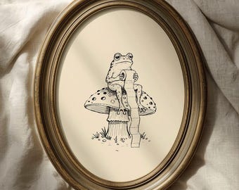 Vintage Funny Frog Toilet Paper Print: Humorous Bathroom Art, Hand-Drawn Frog Art, Mushroom Frog (Digital Download)