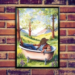 Cowboy aquarelle dans une baignoire dans une prairie de montagne art mural imprimable | Cowboy dans une baignoire | Décoration d'art mural de salle de bain | Art mural de baignoire | Impression originale