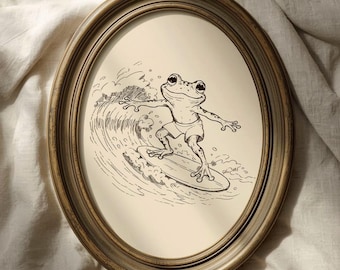 Vintage Frog Surfing Wall Art, Funny Frog Line Drawing, Surfer Frog Print, Whimsical Animal Art, Coastal Wall Decor, Hand-Drawn Frog Art