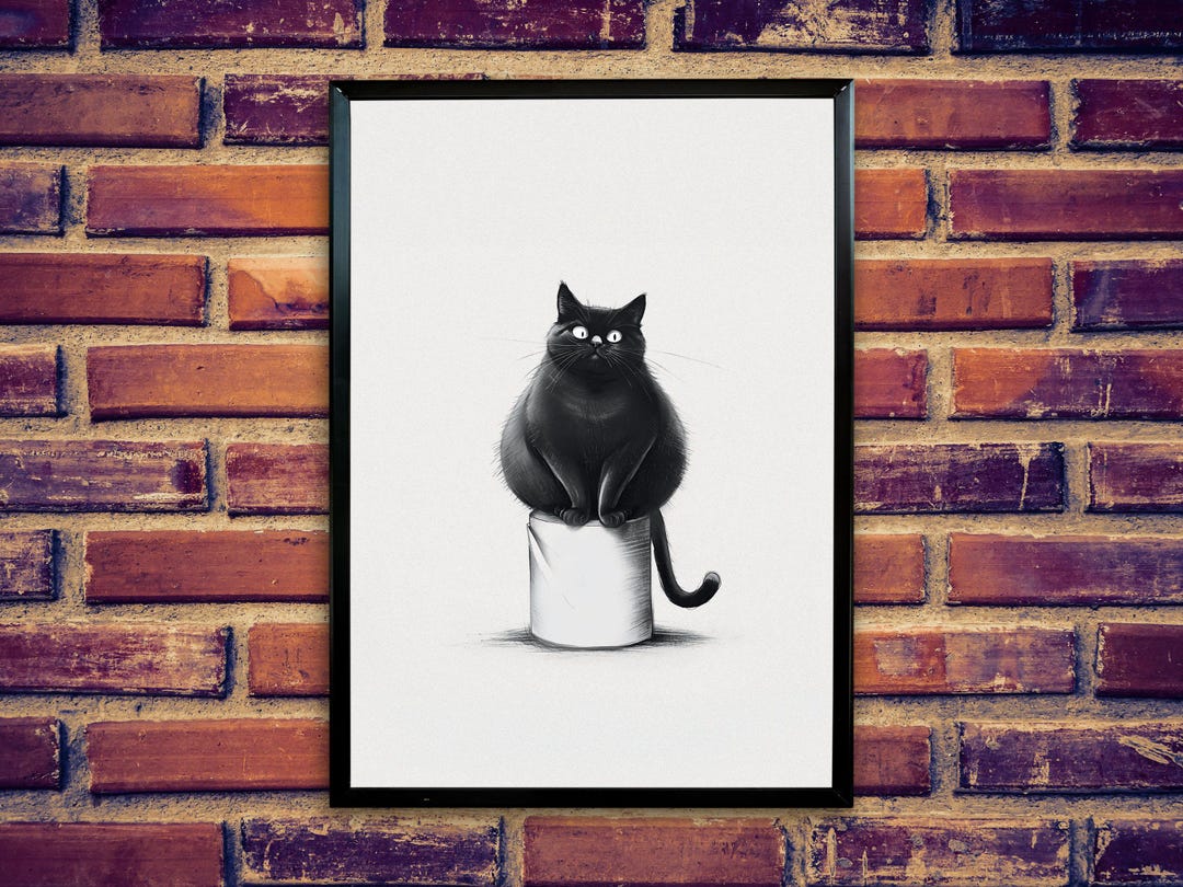 Minimalist Funny Chubby Black Cat Bathroom Print: Toilet Paper Art ...