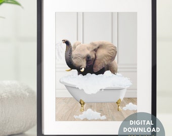 Adorable Elephant in Tub Printable Wall Art | Elephant in Bathtub | Elephant Art | Bathroom Art Print | Bathtub Wall Art | Digital Download