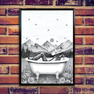 Art mural imprimable Cowboy dans une baignoire dans une prairie de montagne | Cowboy dans la baignoire | Décoration murale pour salle de bain | Décoration murale pour baignoire | Impression originale
