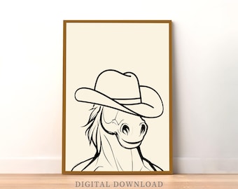 Vintage Cowboy Horse with Hat Line Art Print: Minimalist Western Decor (Digital Download