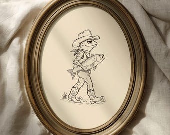 Vintage Funny Cowby Frog with Fish Print: Humorous Kitchen Art, Country Cabin Decor, Hand-Drawn Frog Art (Digital Download)