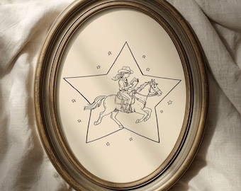Vintage Cowgirl Reading on Horse Wall Art, Western Cowgirl Book Lover Print, Horse Rider Line Drawing, Cowboy Star Decor, Rustic Western Art